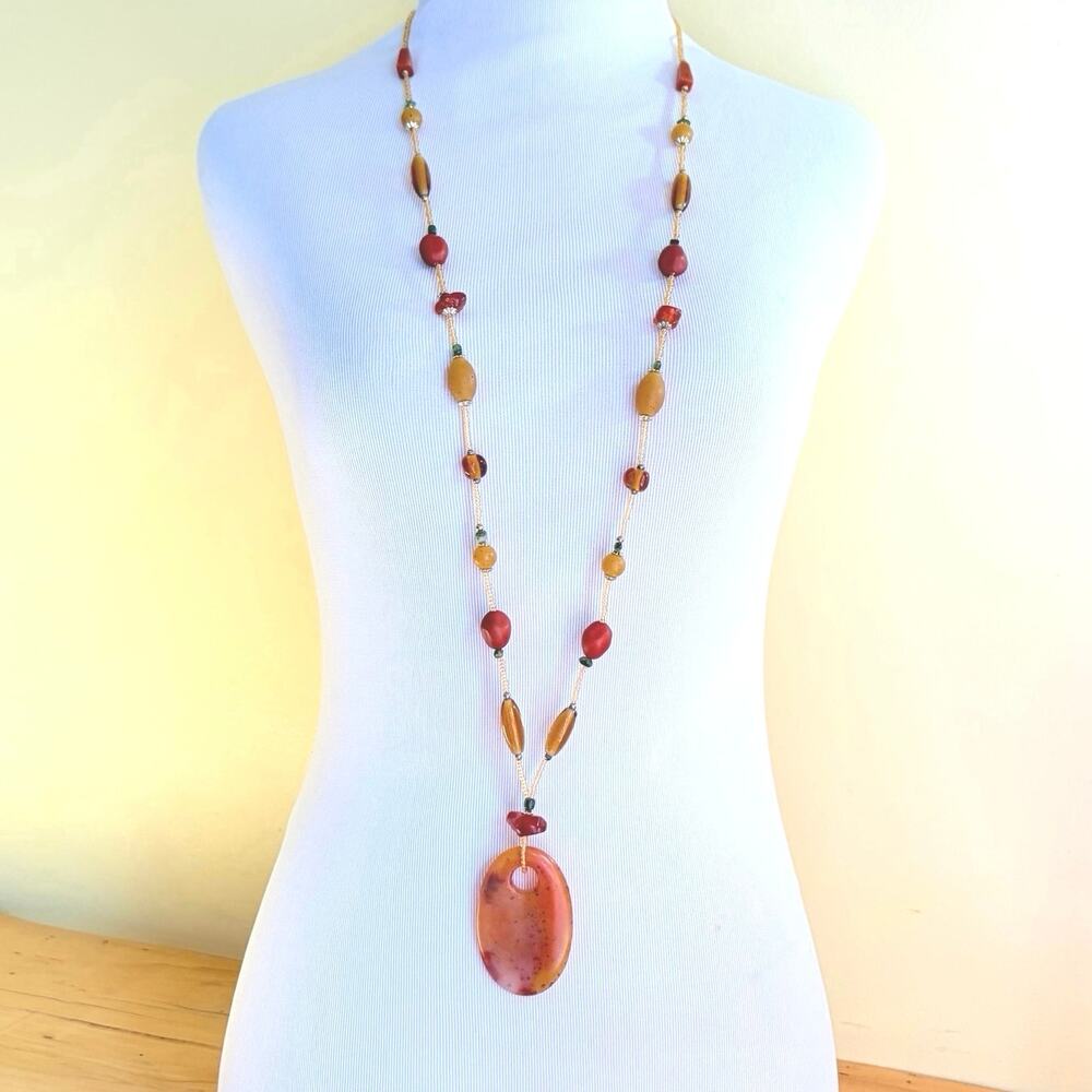 Multi Bead Boho Statement Necklace Large Focal Pendant Earth Tone Fall Amber